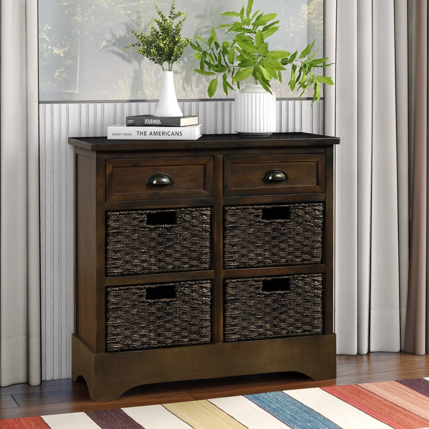 Rustic Storage Cabinet with 2 Drawers and 4 Fabric Basket Espresso P811