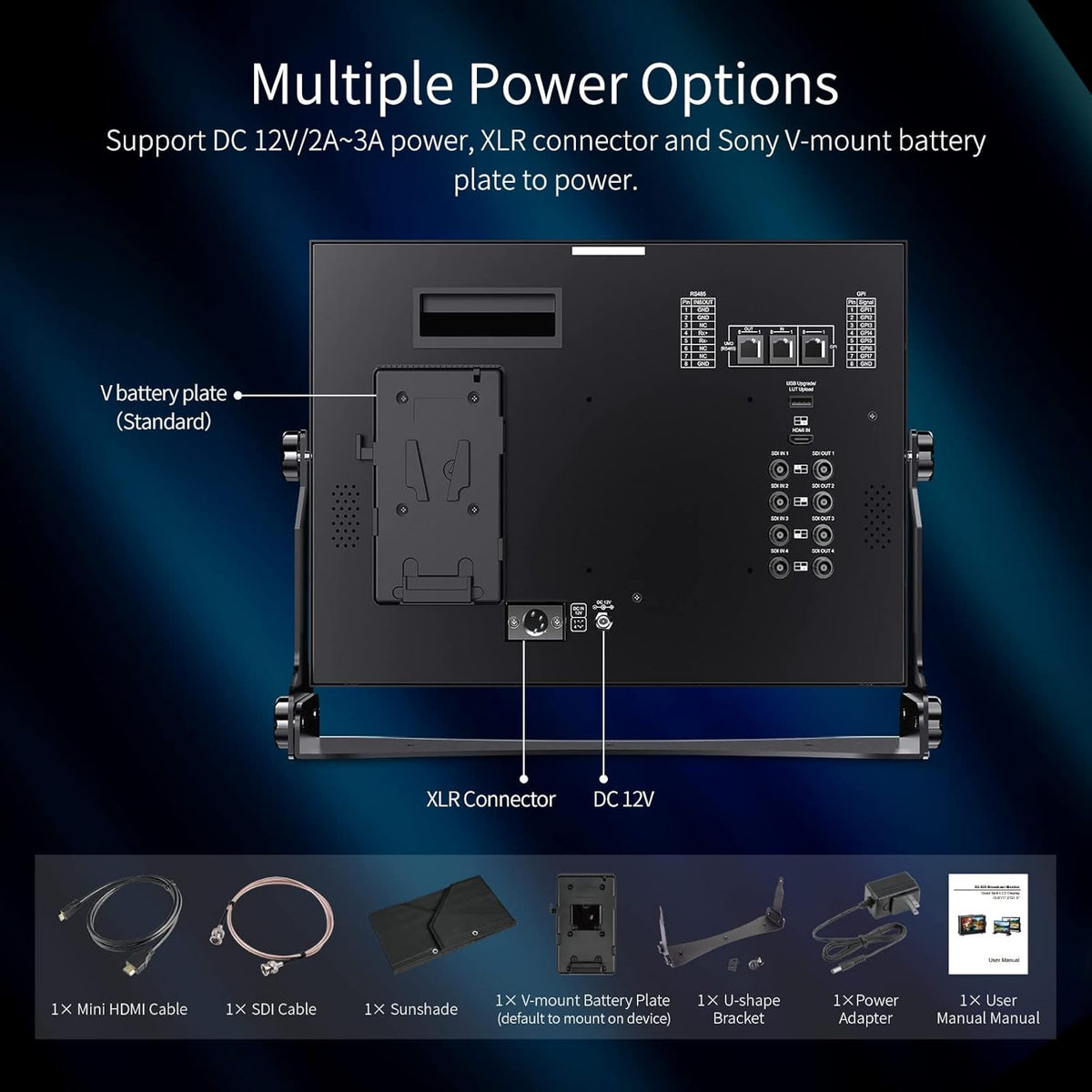 15.6 inch Multi Camera Broadcast Production Monitor with Waveform LUT HDR 4X3G SDI Inputs and Outputs HDMI RS485 Full HD 1920x1080 M36930