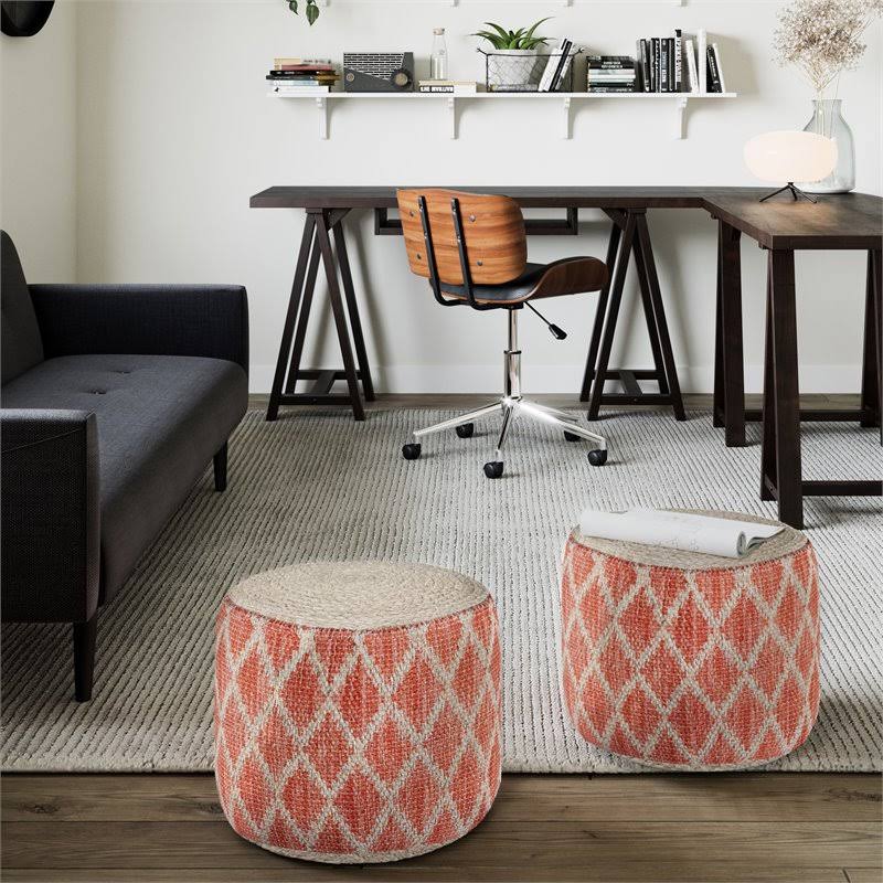 Coral and Natural Woven Braided Jute Round Pouf U584