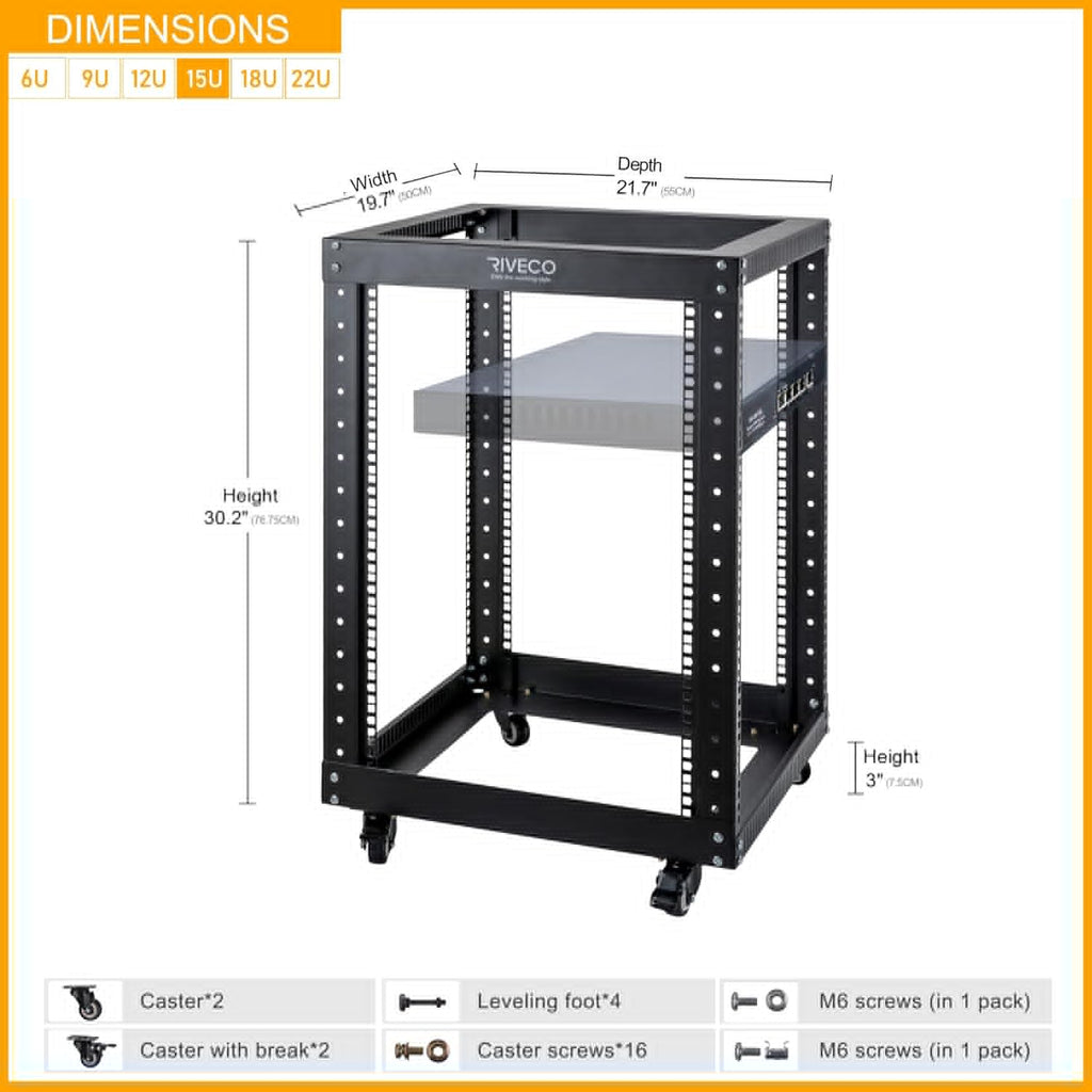 12U Open Frame Server Rack with Casters Black P747869