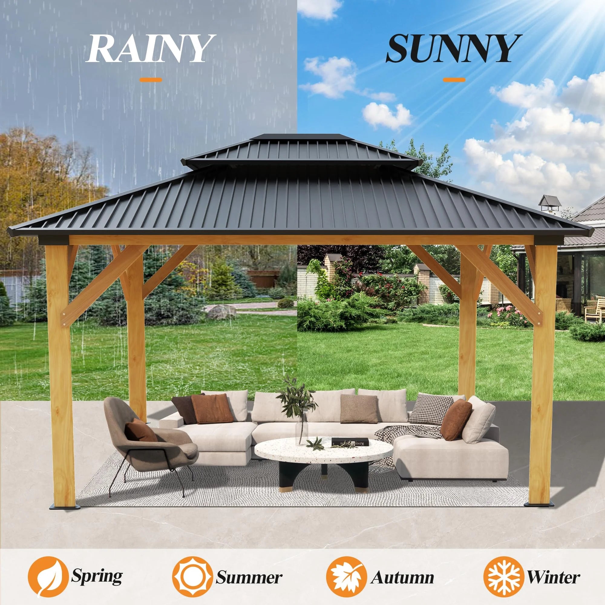 11’x13’ Outdoor Wooden Gazebo with Double Vented Roof U735