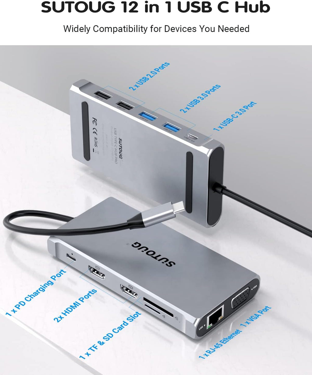 12 in 1 USB C Hub with Dual HDMI 4K VGA Ethernet PD 3.0 USB-C 3.0 TF/SD Card Slot X25865