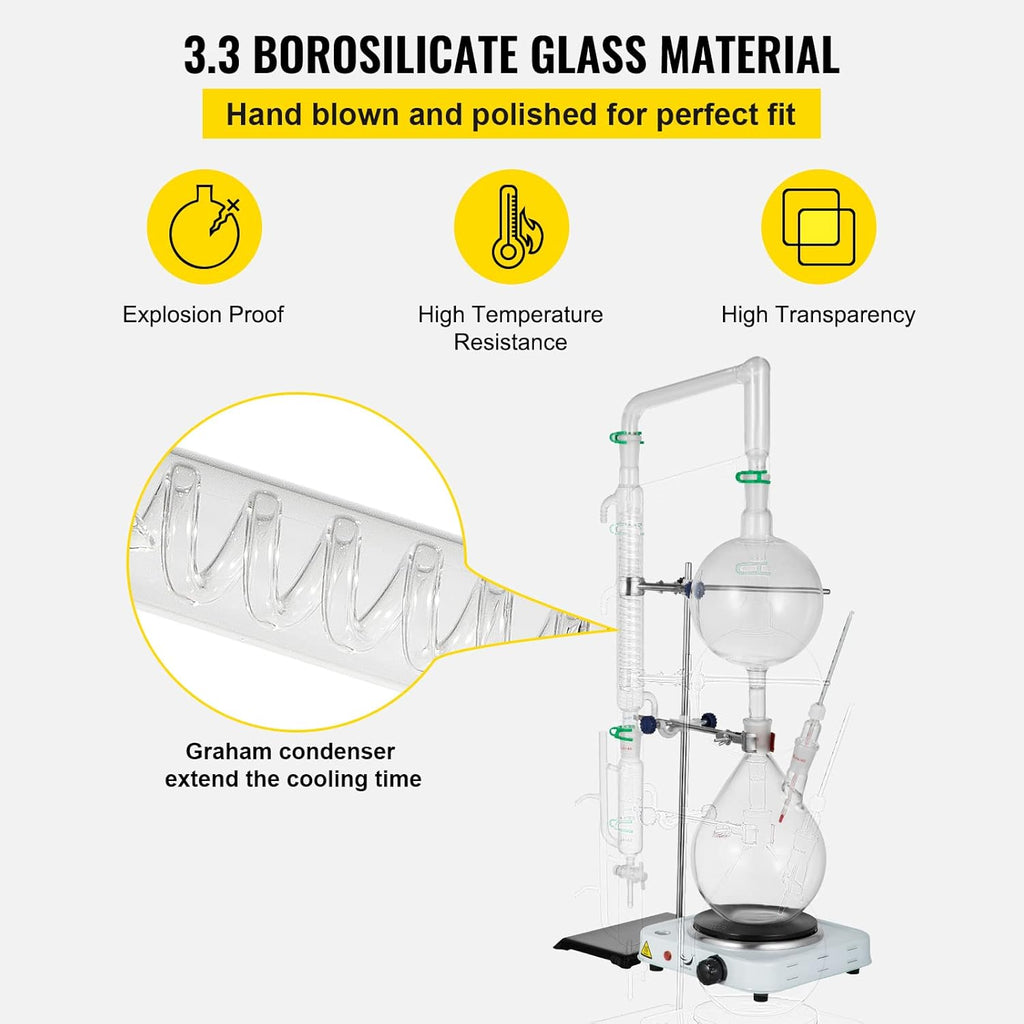 2L Essential Oil Distillation Apparatus Glassware Distillation Kit Water Distiller Purifier with Condenser I4949