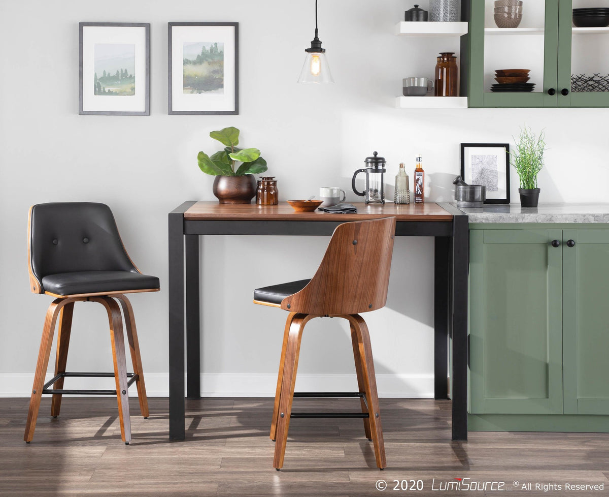 26" Mid-Century Modern Counter Stool in Walnut with Black Faux Leather, Set of 2 O3888