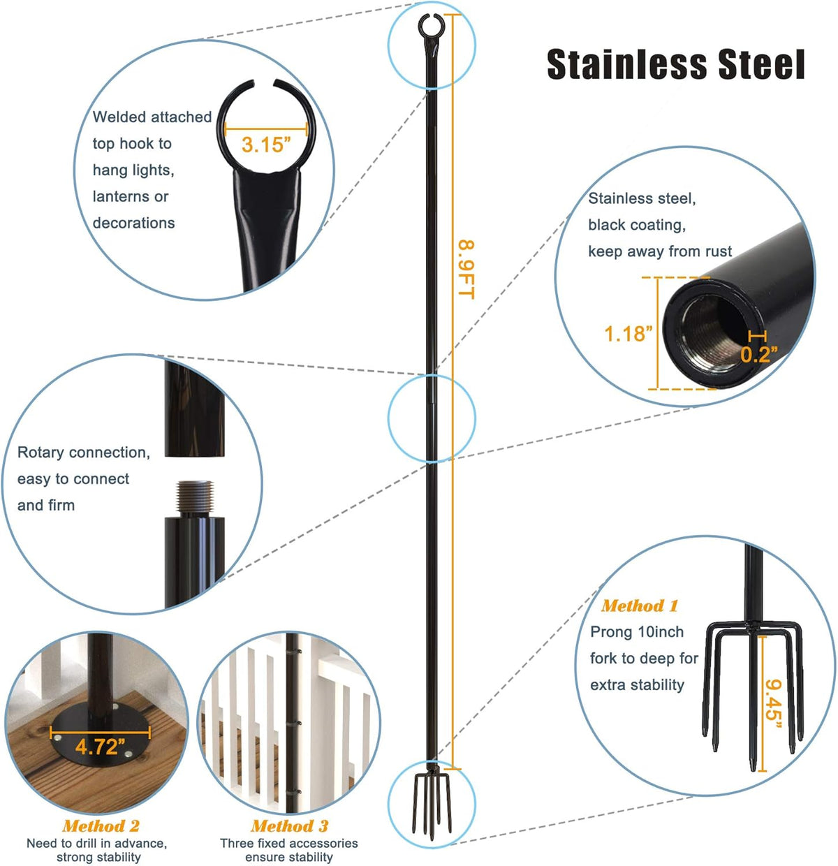 String Light Poles 2PCS 9FT Weather Resistant Stainless Steel C517004