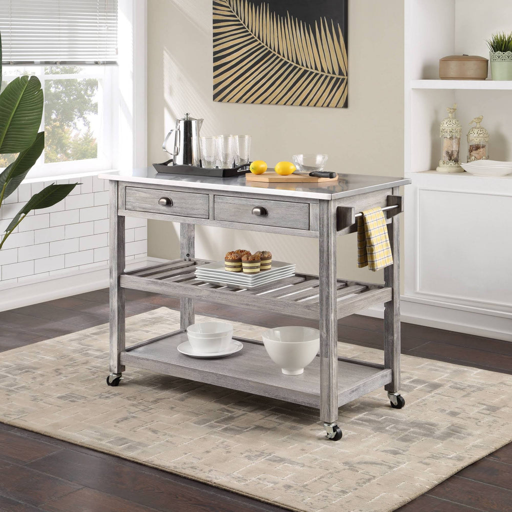 Storm Gray Wire-Brush Kitchen Cart with Stainless Steel Top A648343