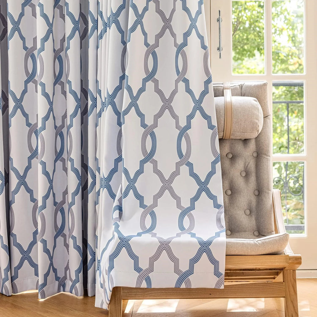 Blue White Geometric Blackout Curtain Panel, Back Tab, 52"x 84"x 2 P8931