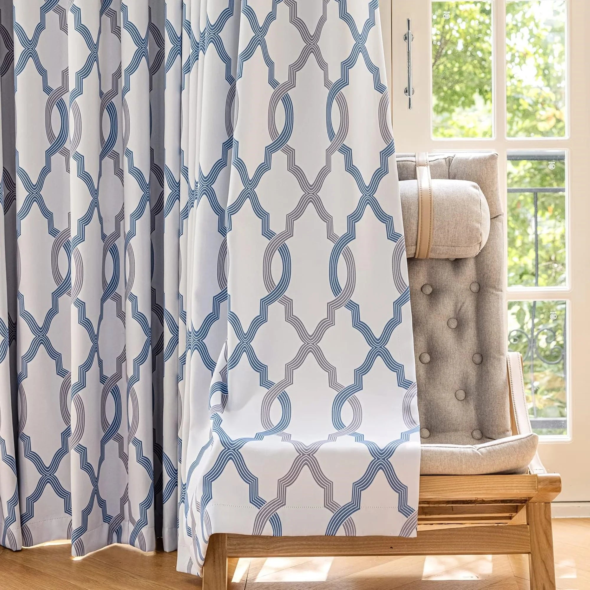 Blue White Geometric Blackout Curtain Panel, Back Tab, 52"x 84"x 2 P8931