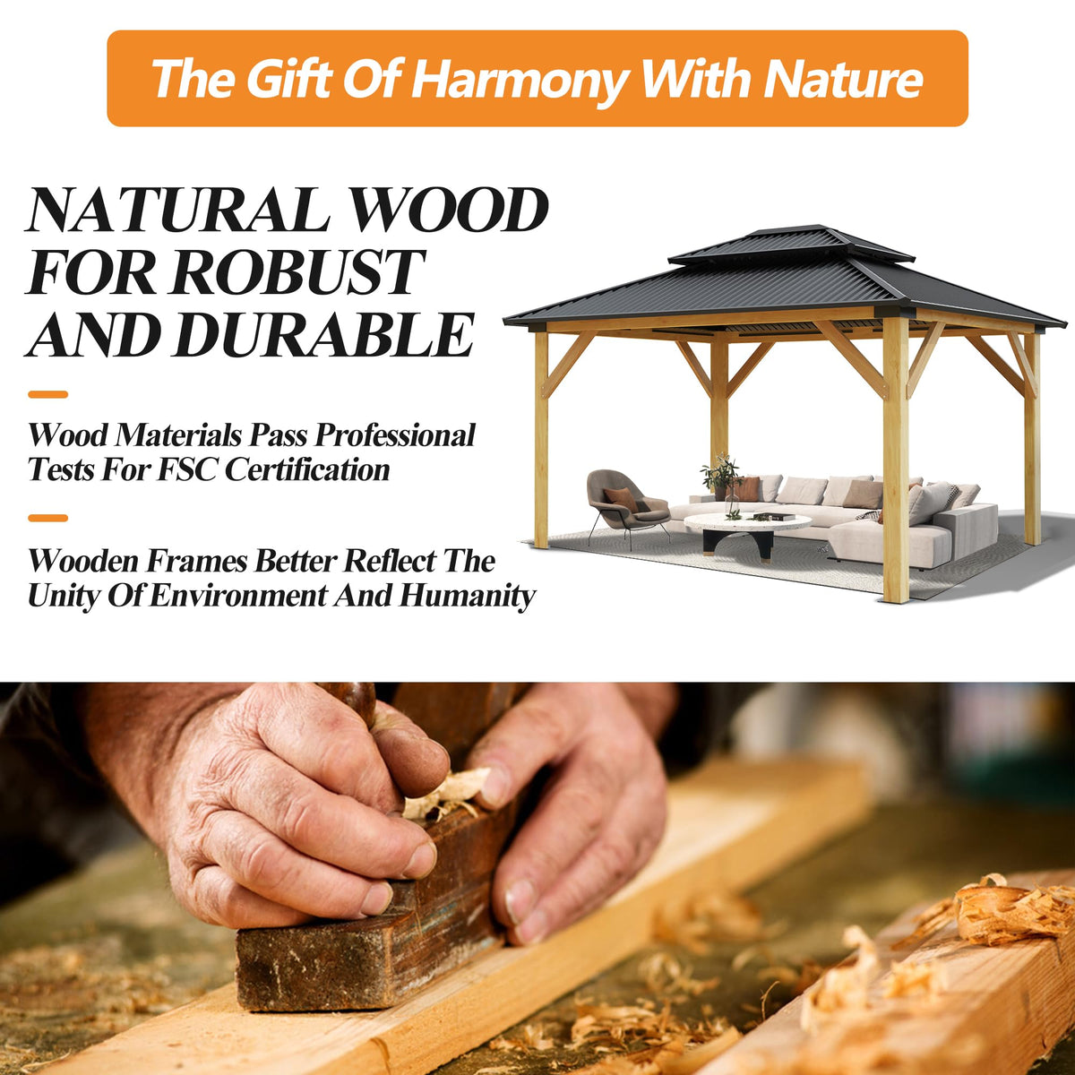 11’x13’ Outdoor Wooden Gazebo with Double Vented Roof U735