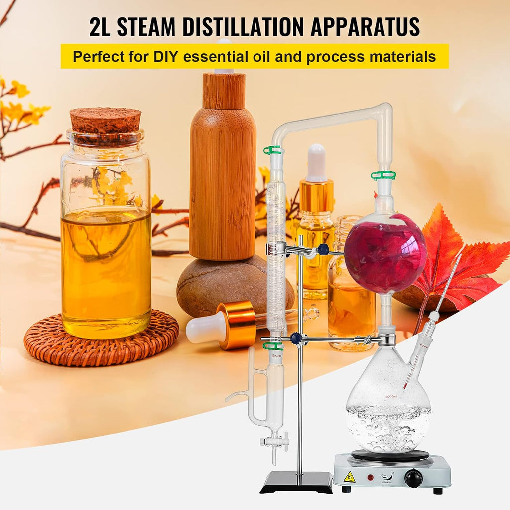 2L Essential Oil Distillation Apparatus Glassware Distillation Kit Water Distiller Purifier with Condenser I4949
