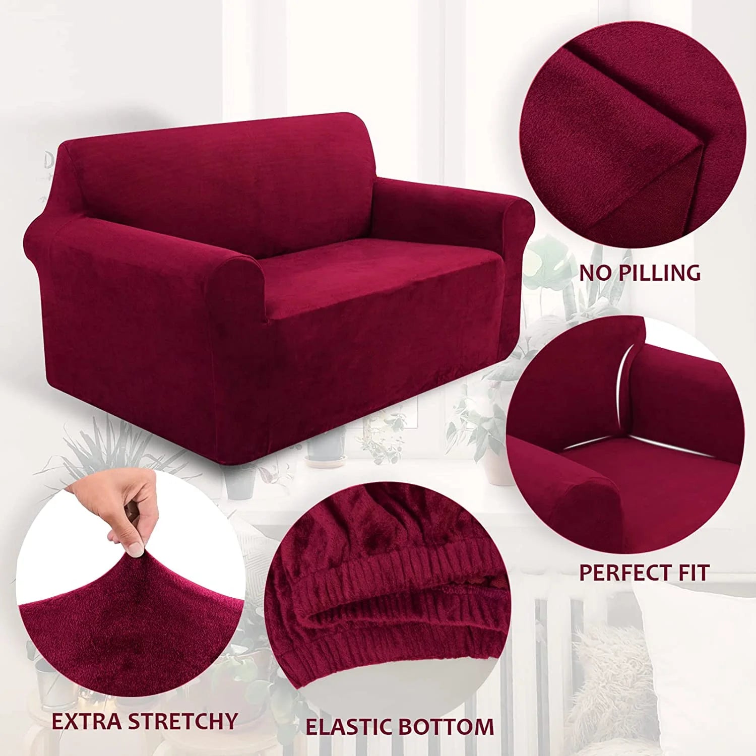 Wine Red Plush Sofa Cover for 2-Seater Furniture W834836