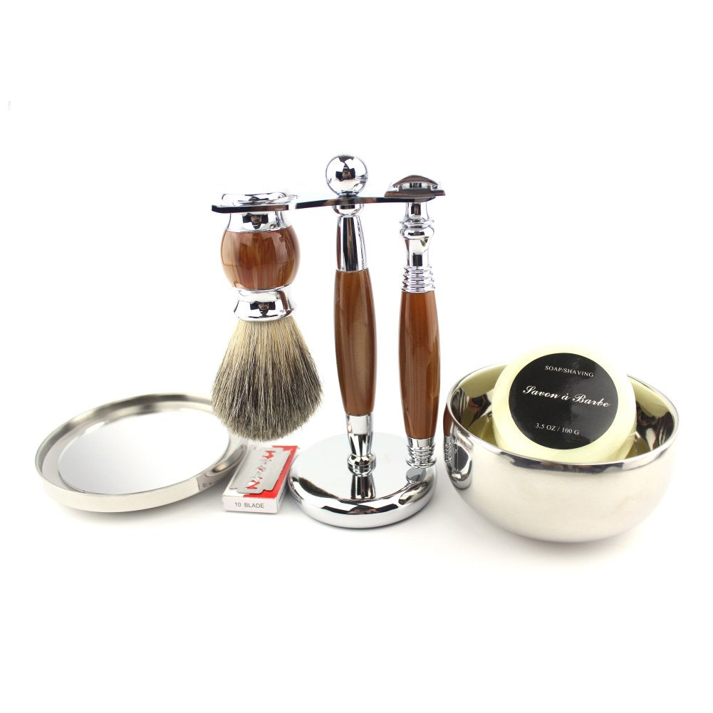 Luxury Grooming Shaving Set, Double-sided Razor, Stainless Steel, Hair Shaving Brush, 10 Replacement Blades, Agate Color, Pack of 2 K241