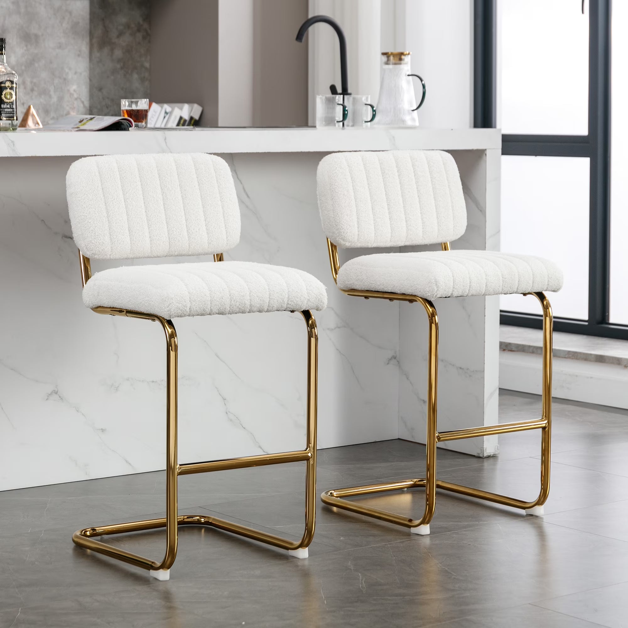 Ivory Boucle Fabric Counter Height Bar Stools Set of 2 B4327
