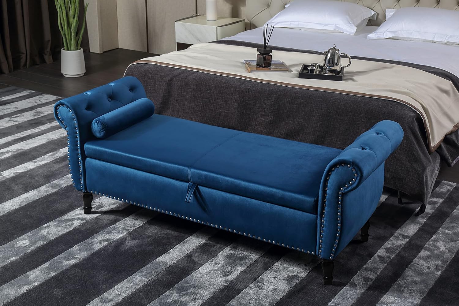 Blue Velvet Storage Bench Ottoman with Solid Wood Legs Z936627