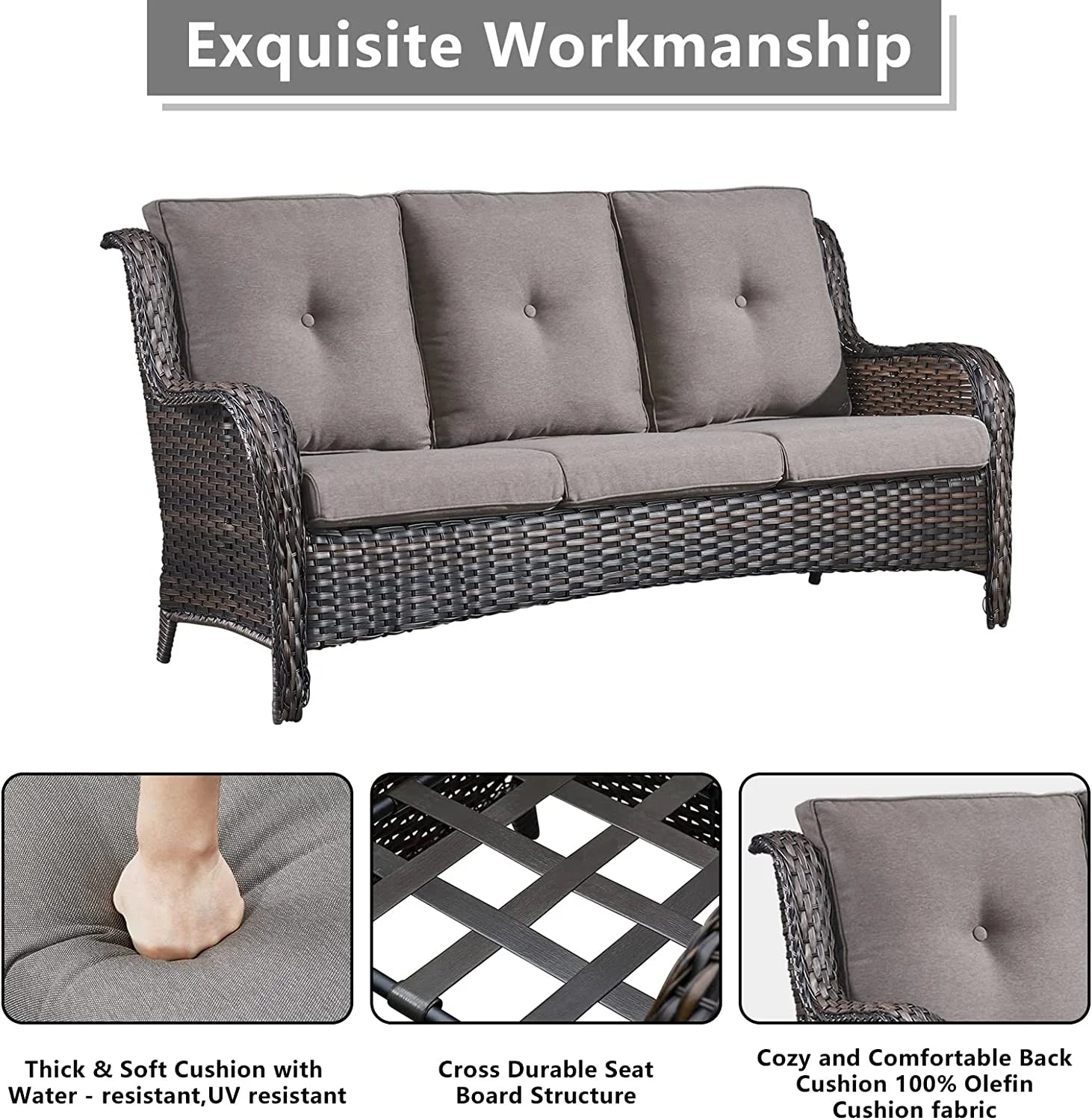 5 Piece Patio Rattan Sectional Sofa Set with 3-Seat Couch 2 Armchairs 2 Ottoman Footrests M429324
