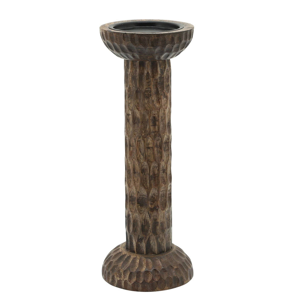 Brown Hammered Mango Wood Pillar Candle Holder P789