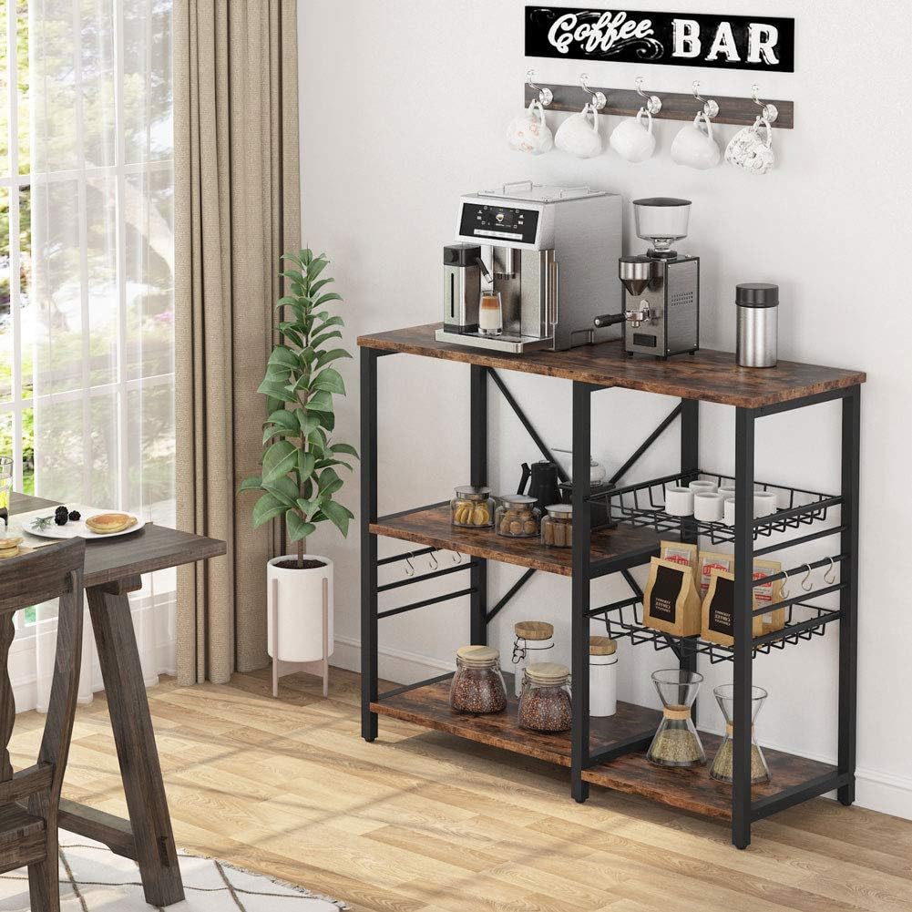 Kitchen Cart Microwave Oven Stand Utility Storage Shelf with Wire Basket and 6 Hooks Q681076