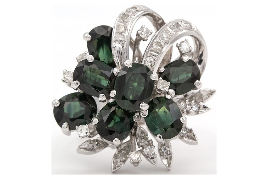 18k White Gold Sapphire Diamond Cluster Ring I226