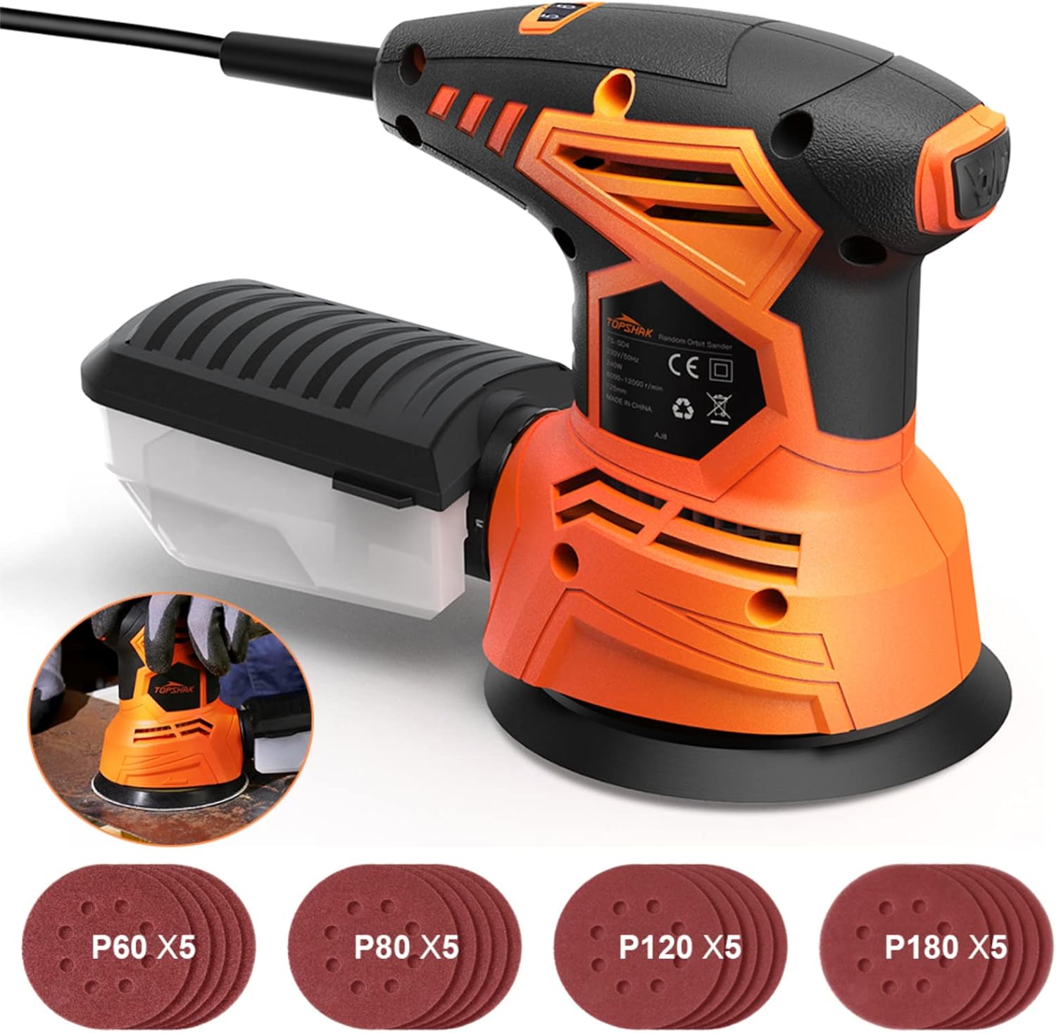Random Orbit Sander, 260W Palm Sander with 20pcs Sanding Paper, 5 Inches, 14000 RPM, Pack of 2 Q15411