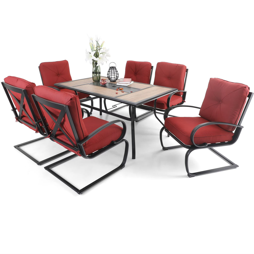 Red 7-Piece Outdoor Dining Set with Rocking Chairs and Rectangle Table with Umbrella Hole B368812