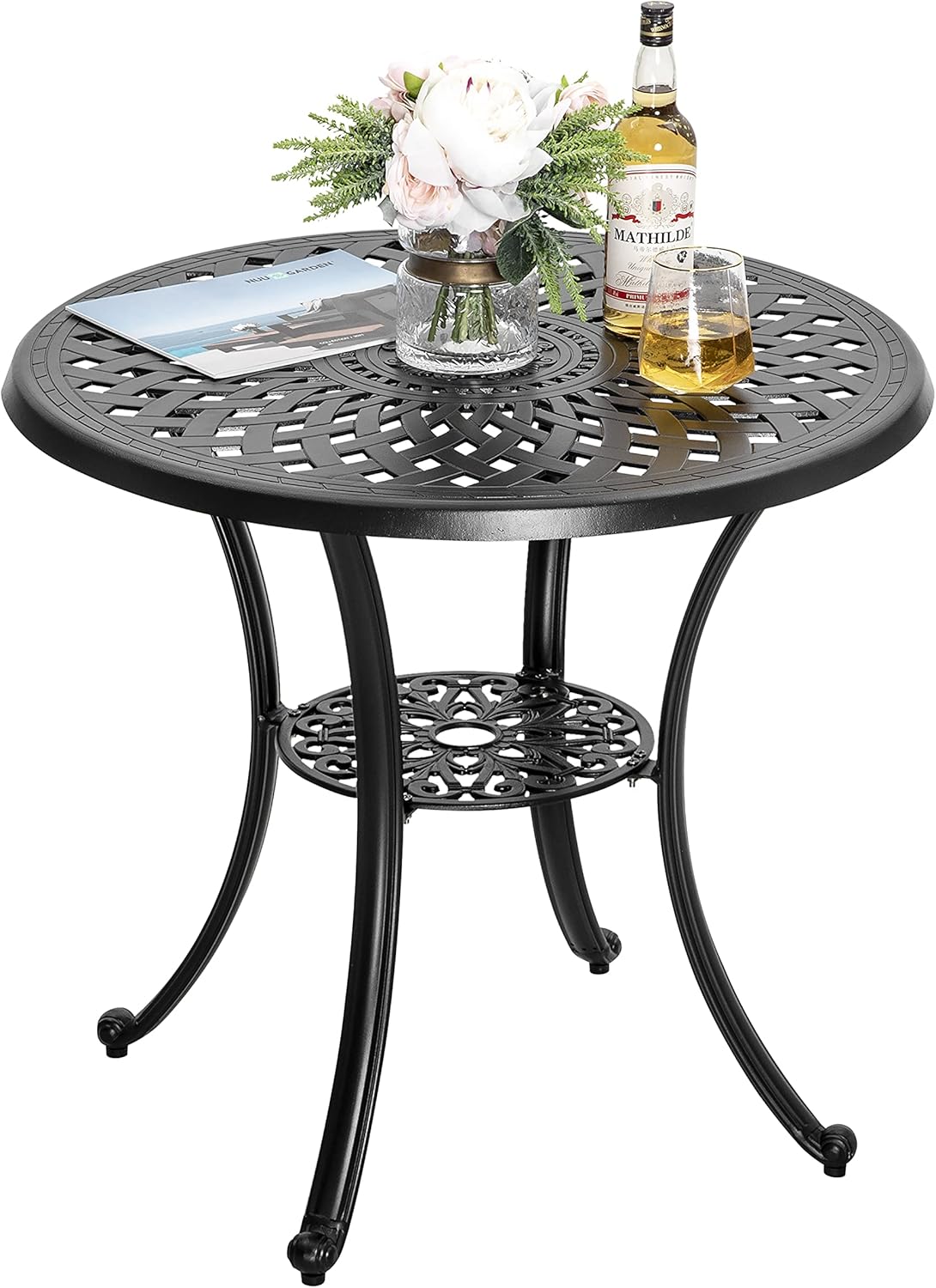 Black 42 Inch Round Cast Aluminum Patio Dining Table with Umbrella Hole L857