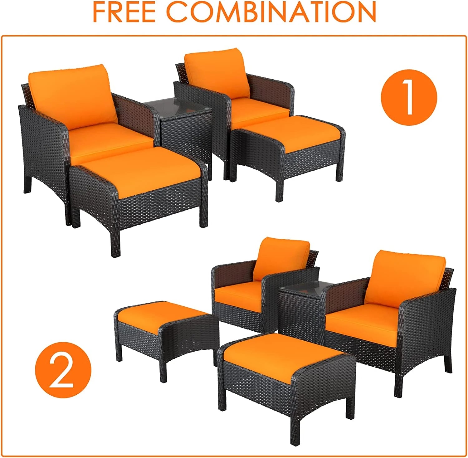 5 Pieces PE Rattan Wicker Outdoor Cushioned Lounge Chairs Set with Ottomans and Glass Table J831