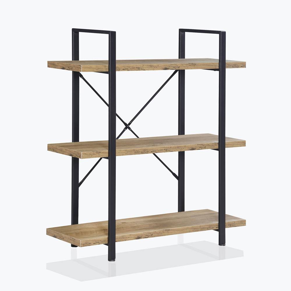 Rustic Oak 3 Shelves Wood & Metal Bookshelf J87042