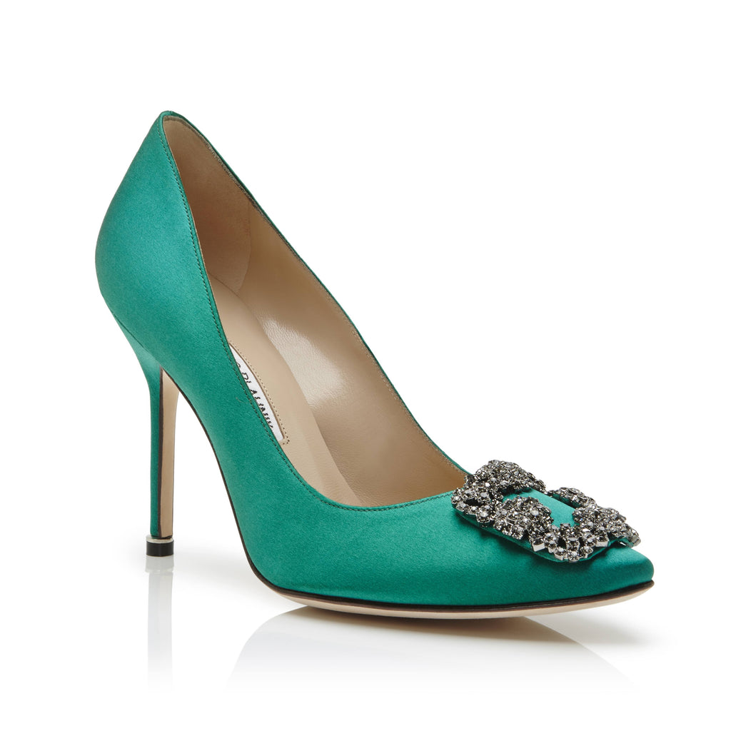 Green Satin Jewel Buckle Pumps N8370