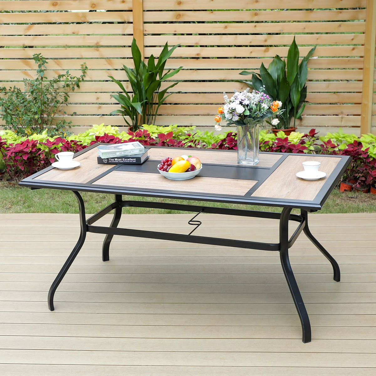 Red 7-Piece Outdoor Dining Set with Rocking Chairs and Rectangle Table with Umbrella Hole B368812