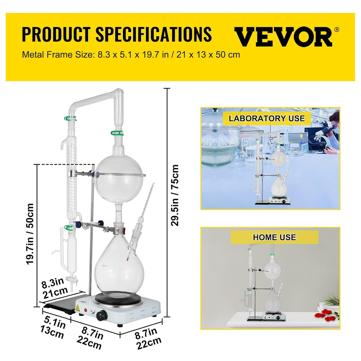 2L Essential Oil Distillation Apparatus Glassware Distillation Kit Water Distiller Purifier with Condenser I4949