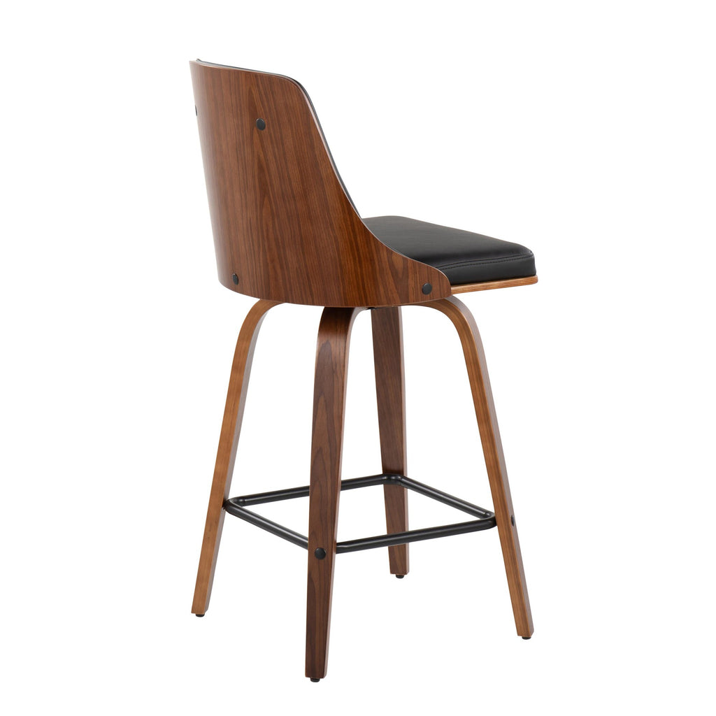26" Mid-Century Modern Counter Stool in Walnut with Black Faux Leather, Set of 2 O3888