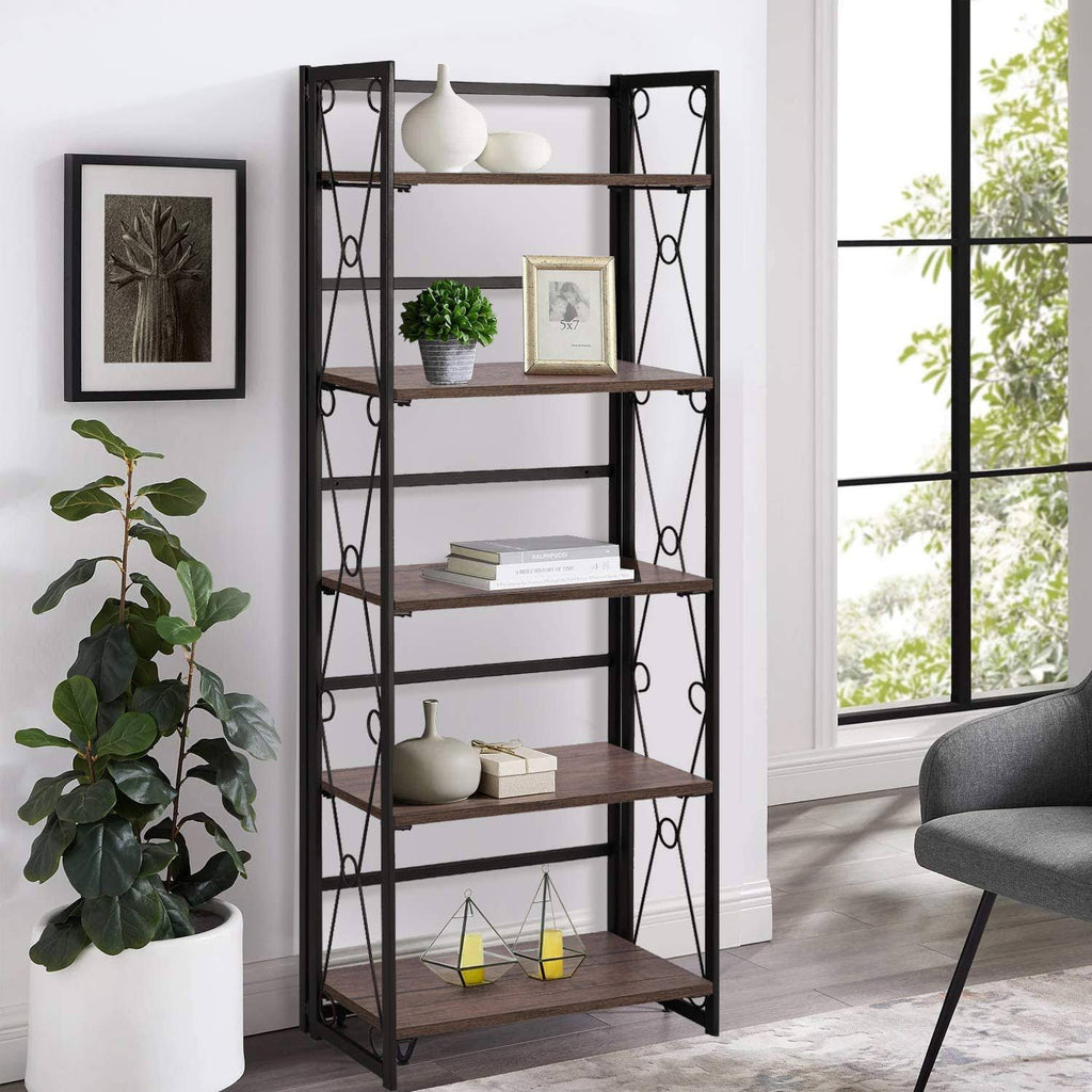5 Shelf Folding Bookshelf with Metal Frame, Brown N35276