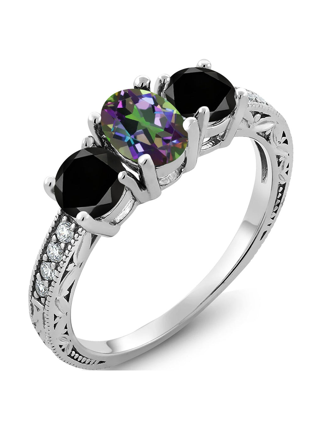 Oval Green Mystic Topaz Black Diamond 925 Sterling Silver Ring S61102