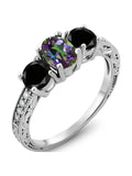 Oval Green Mystic Topaz Black Diamond 925 Sterling Silver Ring S61102