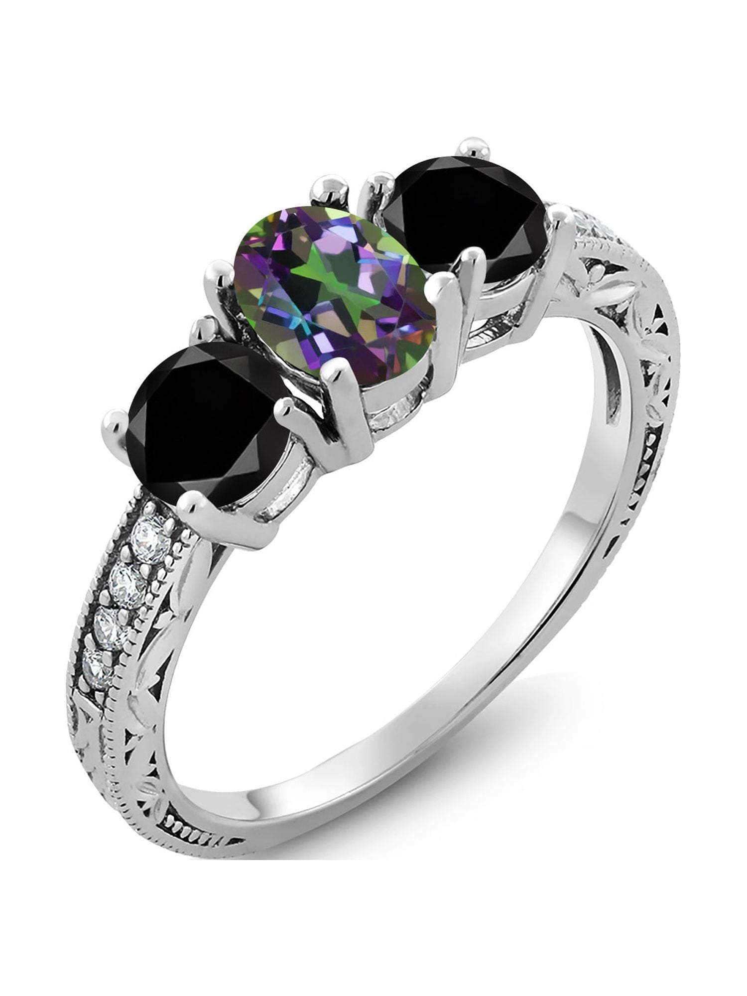 Oval Green Mystic Topaz Black Diamond 925 Sterling Silver Ring S61102