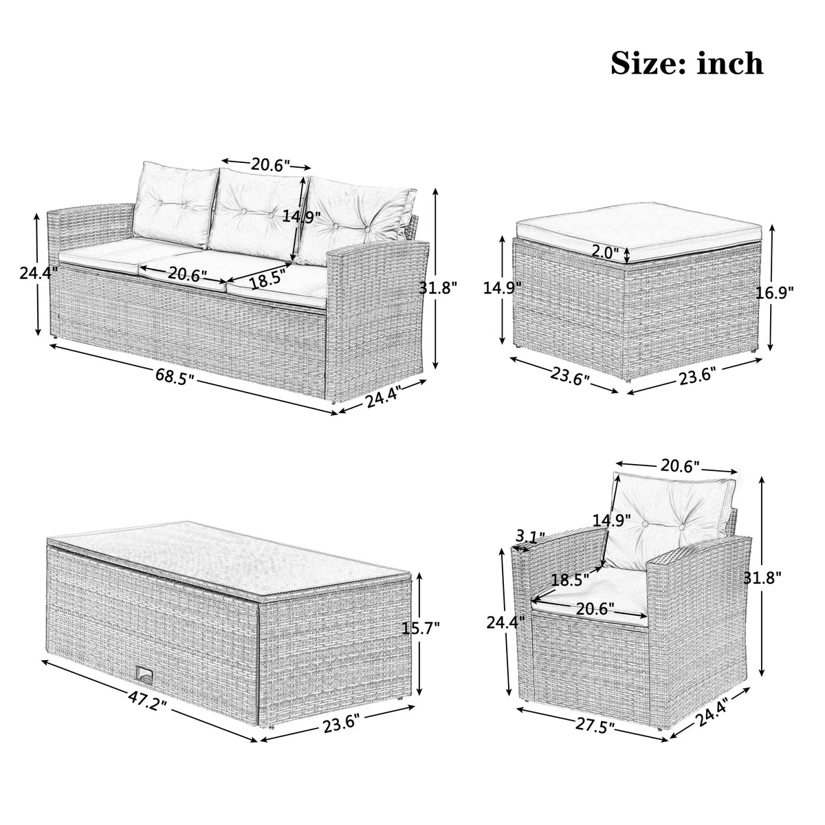 6Pcs All-Weather Wicker PE Rattan Patio Sectional Set with Coffee Table X4153