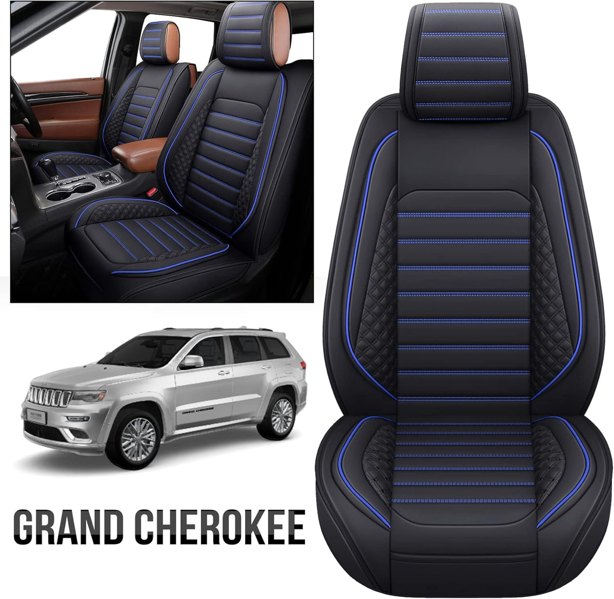 Waterproof Faux Leather Front Seat Covers (2 PCS Front/Black-Blue) M7398