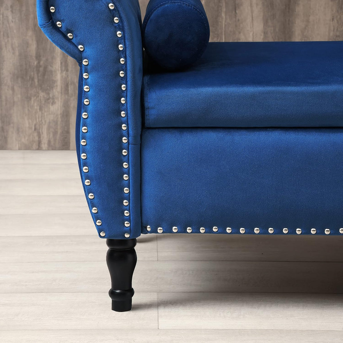 Blue Velvet Storage Bench Ottoman with Solid Wood Legs Z936627