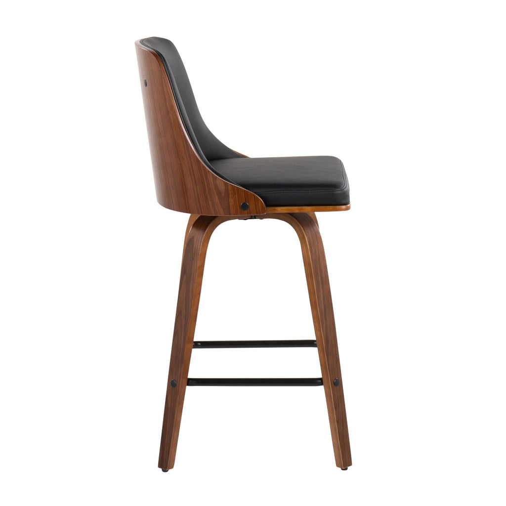 26" Mid-Century Modern Counter Stool in Walnut with Black Faux Leather, Set of 2 O3888