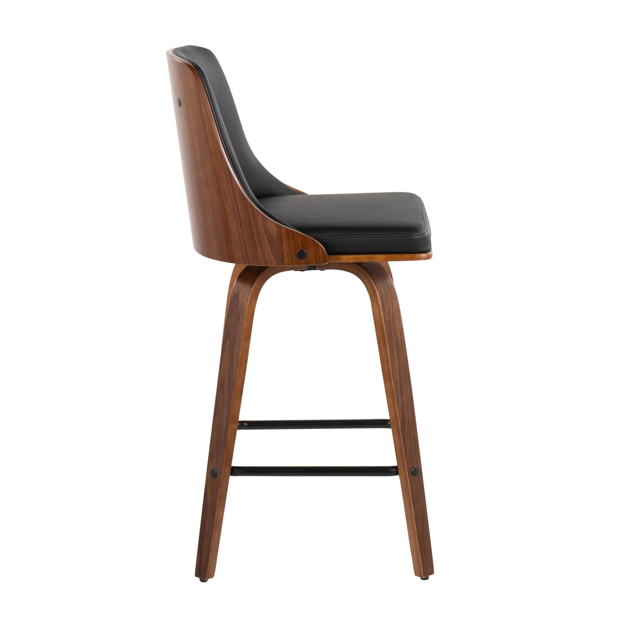 26" Mid-Century Modern Counter Stool in Walnut with Black Faux Leather, Set of 2 O3888
