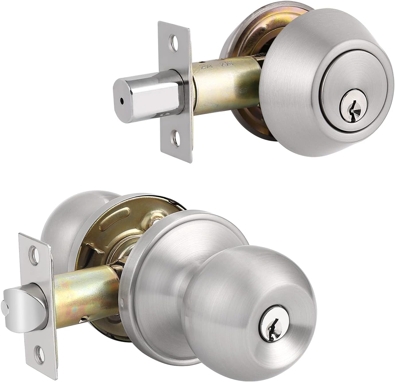 2 Pack Entry Door Knobs with Double Cylinder Deadbolt, Satin Nickel Finish Q258