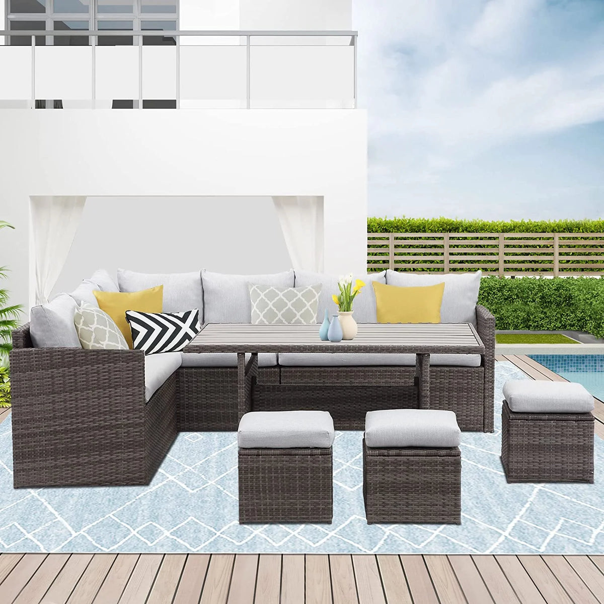 7 Piece Outdoor Dining Sectional Sofa with Dining Table and Chair F9951