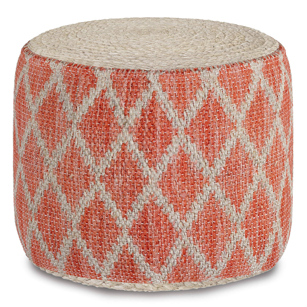 Coral and Natural Woven Braided Jute Round Pouf U584