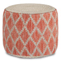 Coral and Natural Woven Braided Jute Round Pouf U584