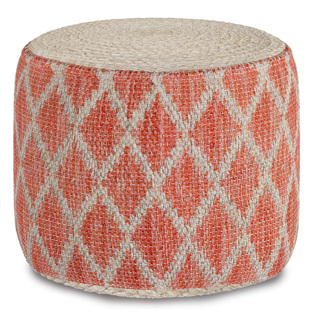 Coral and Natural Woven Braided Jute Round Pouf U584