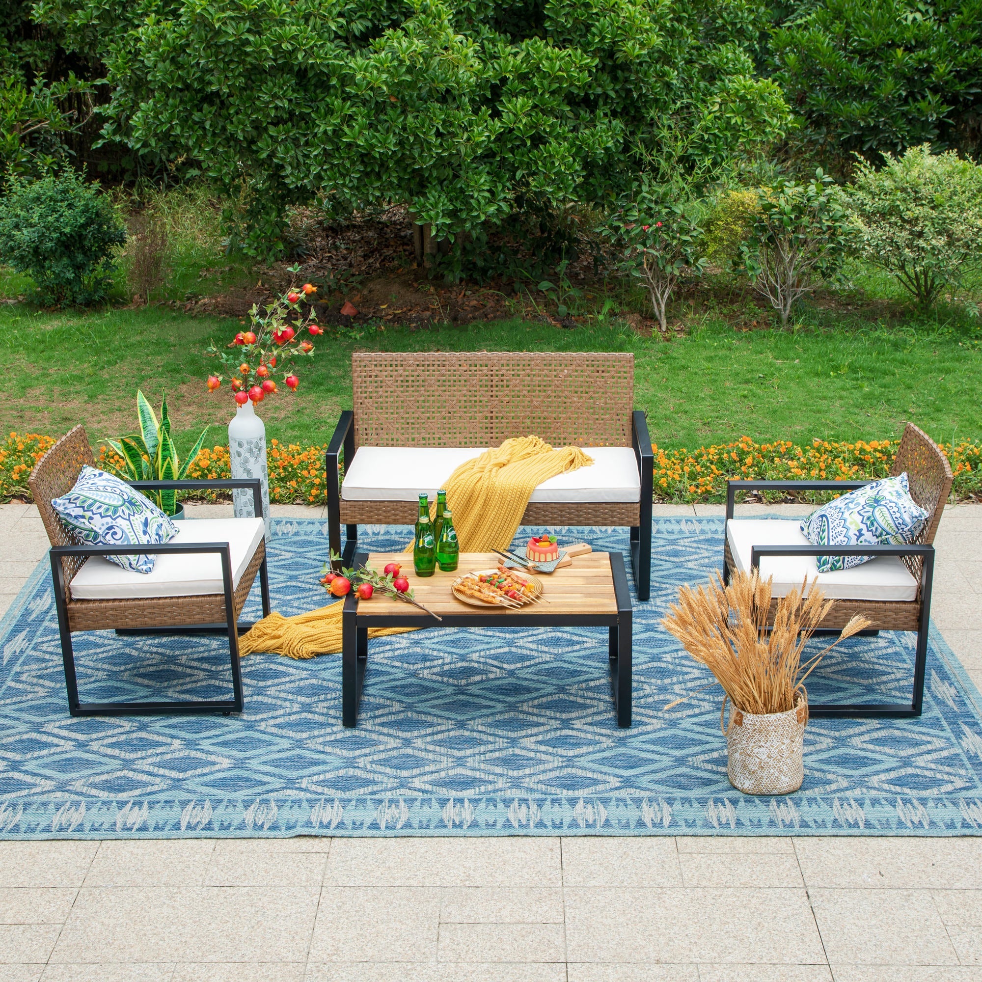 4-Piece Outdoor Conversation Set, All Weather Wicker & Steel Frame, Yellow & Black R355687