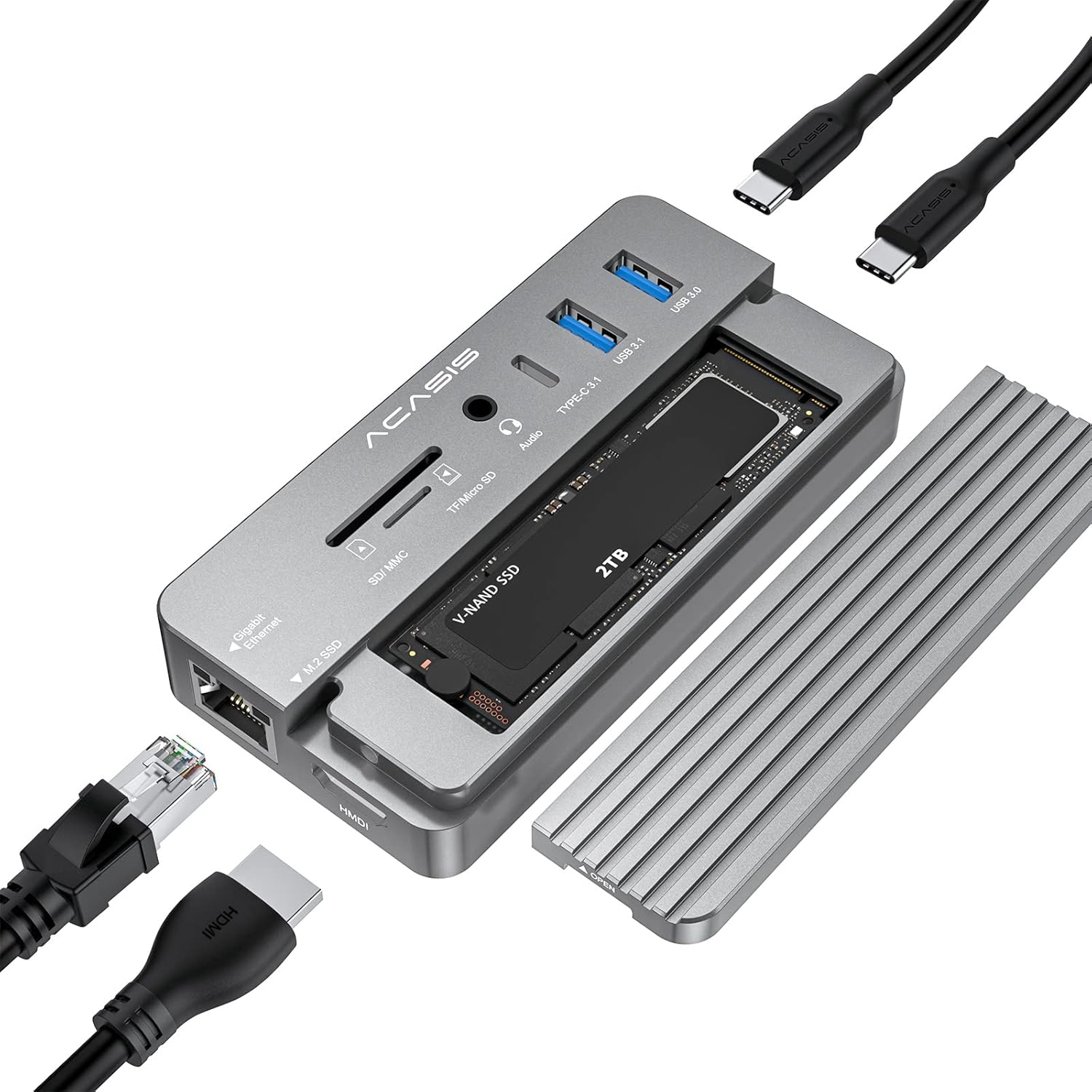 10-in-1 USB-C Docking Station with M.2 NVME and SATA SSD Enclosure HDMI Grey B3000