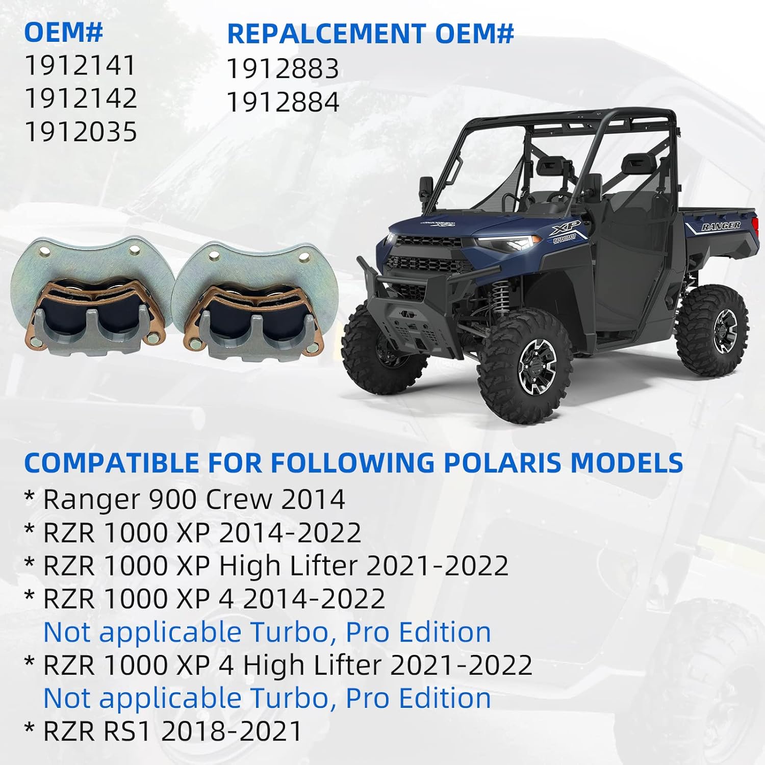 Left & Right Rear Brake Calipers & Pads Sintered for Polaris RZR XP 1000 RS1 Ranger-Crew-900 K749