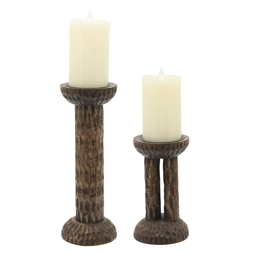 Brown Hammered Mango Wood Pillar Candle Holder P789