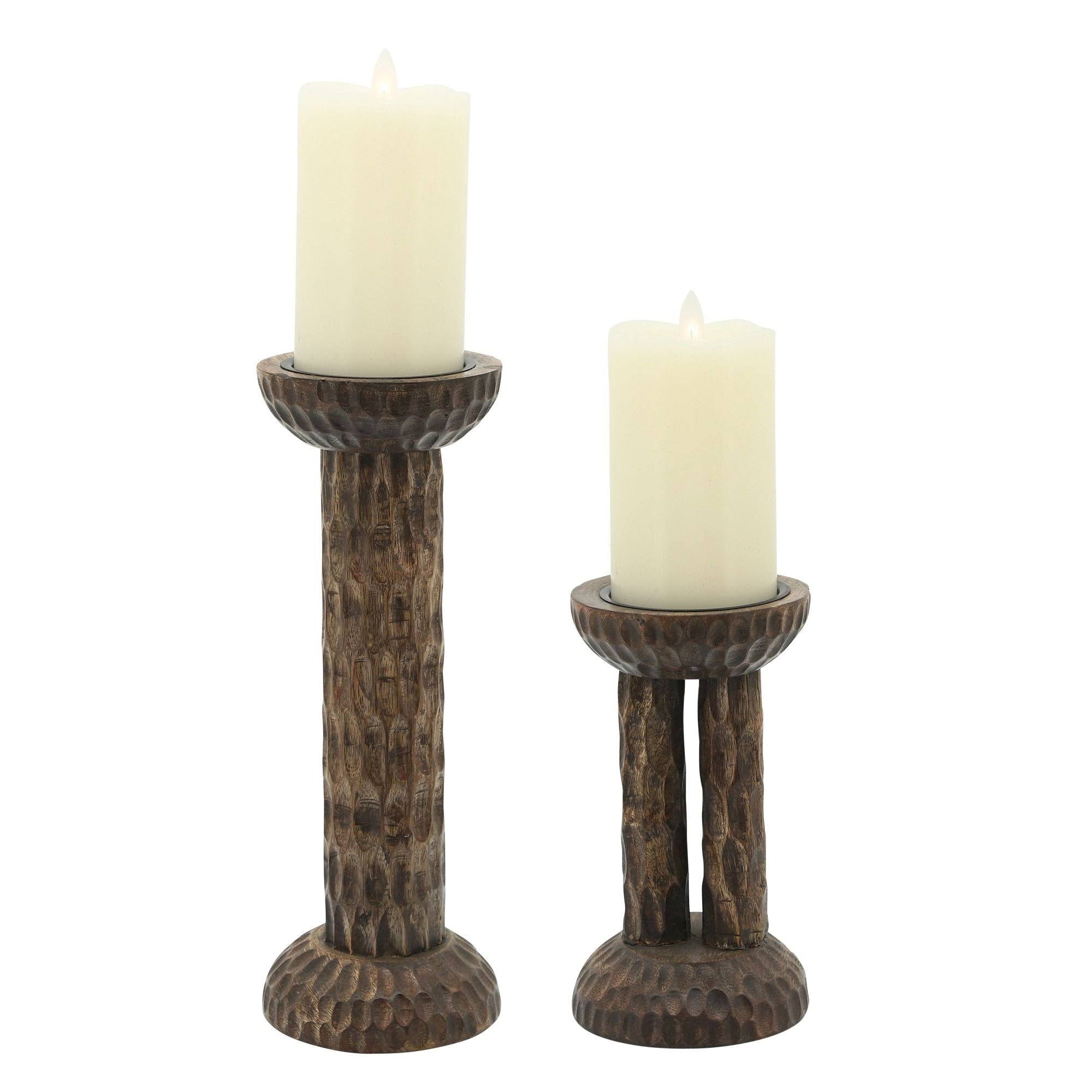 Brown Hammered Mango Wood Pillar Candle Holder P789